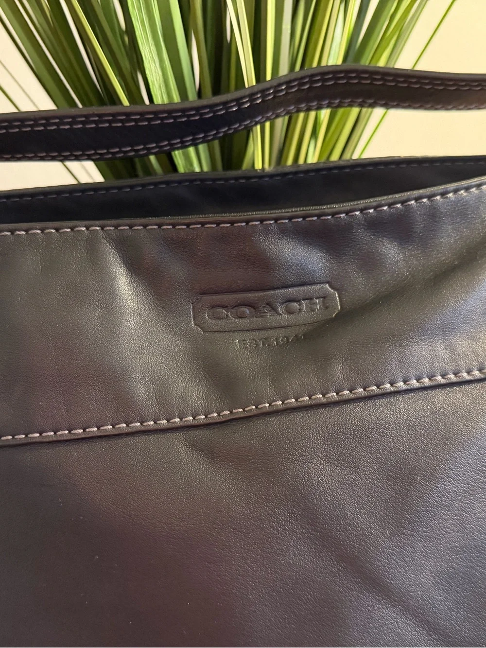 COACH XL Black Buttery Leather Handbag White Topstitching EUC